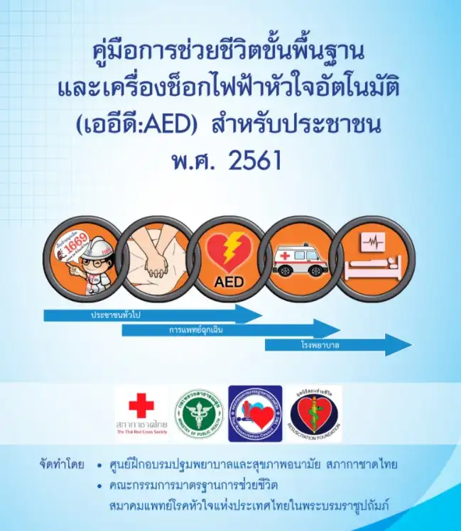 คู่มือช่วยชีวิตขั้นพื้นฐานและเครื่องช็อกไฟฟ้าหัวใจอัตโนมัติ (AED) สำหรับประชาชน 2561 - สภากาชาดไทย เครื่องช็อกไฟฟ้าหัวใจอัตโนมัติ AED กู้ชีวิตจากภาวะหัวใจทำงานผิดปกติหรือหัวใจหยุดเต้น