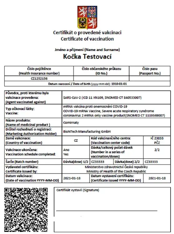Czech ใบรับรองวัคซีน สาธารณรัฐเช็ค รูปแบบใบรับรองวัคซีน วัคซีนพาสปอร์ต นานาประเทศ (ยุโรป สหรัฐ และเอเซีย)