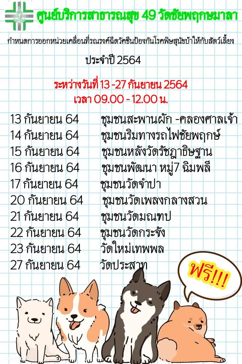 ศูนย์บริการสาธารณสุข 49 วัดชัยพฤกษมาลา ออกหน่วยฉีด 13-27 ก.ย.64 10 แห่ง กทม.ฉีดวัคซีนป้องกันโรคพิษสุนัขบ้าน้องหมา-แมว ฟรี (กันยายน 2564)