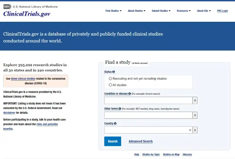 หน้าเว็บไซต์  ClinicalTrials.gov ค้นหาข้อมูลโครงการวิจัยในคน ในประเทศไทยและทั่วโลก