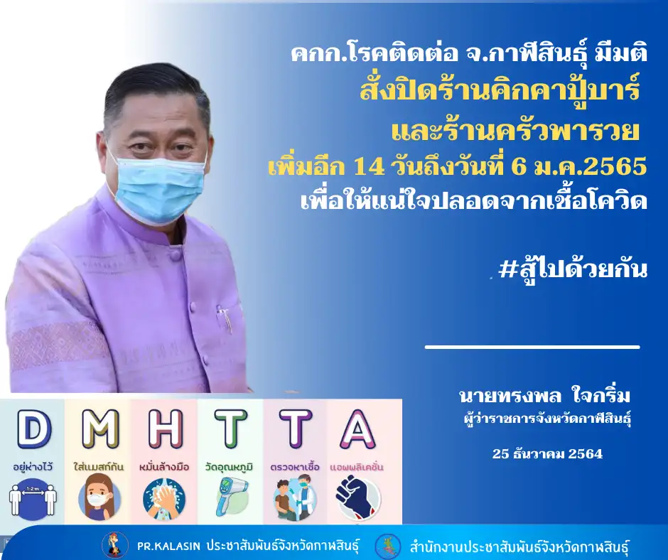 ผู้ว่าฯ ขอความร่วมมือและกำชับ มาตรการความปลอดภัยในการจัดงานเทศกาลปีใหม่ ตามกรณี "โอมิครอนกาฬสินธุ์" คลัสเตอร์ผู้ติดเชื้อโอมิครอนในประเทศกลุ่มแรก