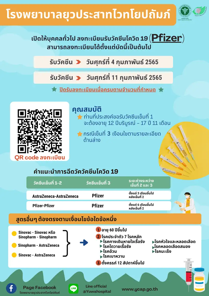 โรงพยาบาลยุวประสาทไวทโยปถัมภ์ เชิญลงทะเบียนฉีดเข็ม 3 ไฟเซอร์ วันฉีด 4 และ 11 กุมภาพันธ์ 65 รพ.ปริมณฑล เปิด walk in ฉีดวัคซีนเข็ม 1-2-3-4 เดือนกุมภาพันธ์ 65 มีที่ไหนบ้าง