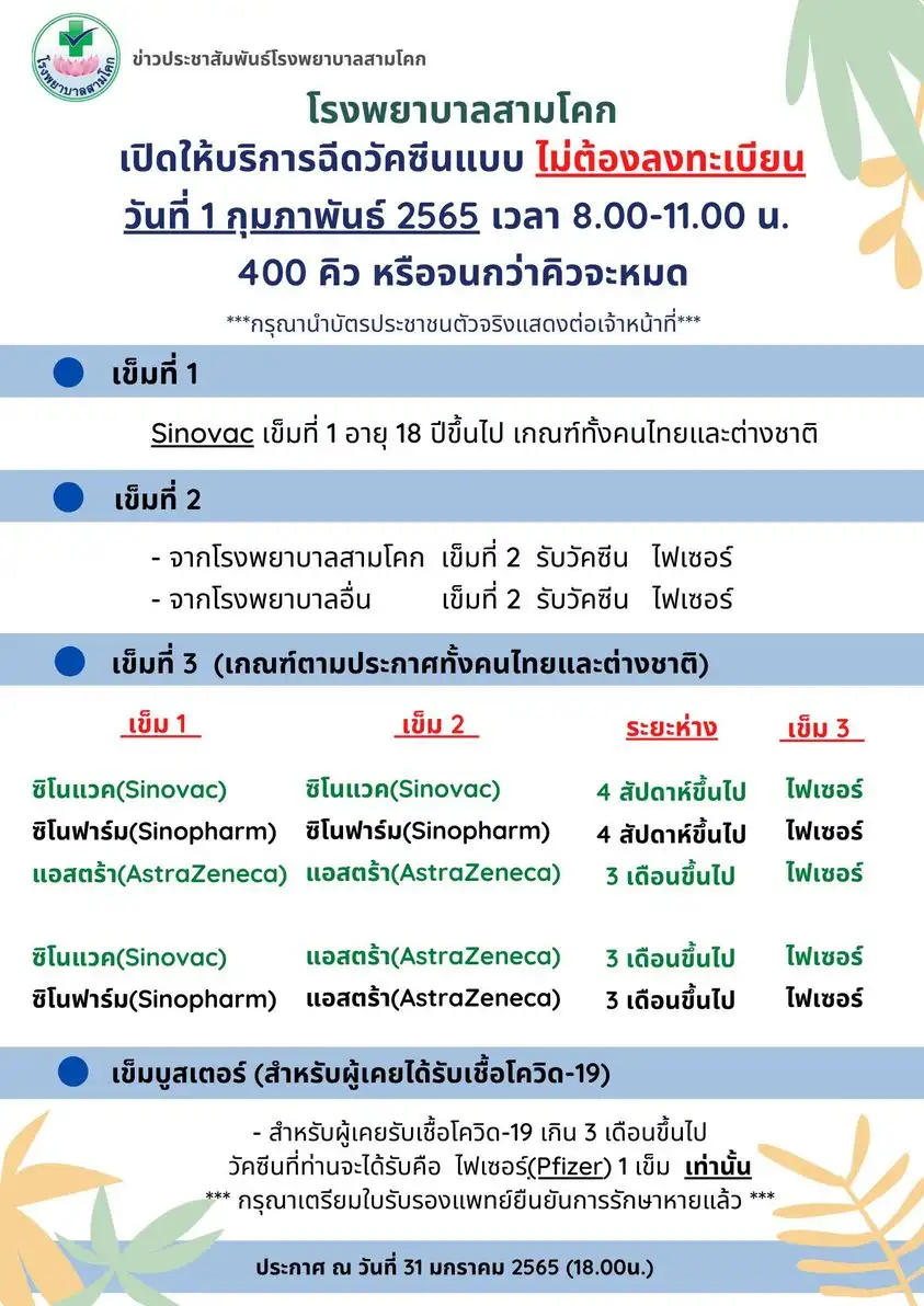 โรงพยาบาลสามโคก  ประกาศ Walk-in ฉีดเข็ม 1-2-3 วันที่ 1 กุมภาพันธ์ 2565 วันละ 400 คิว 