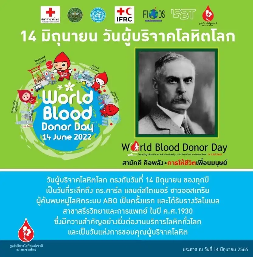 14 มิถุนายน วันผู้บริจาคโลหิตโลก  World Blood Donor Day 2022 รวมวันสำคัญทางการแพทย์และสาธารณสุขในรอบปี