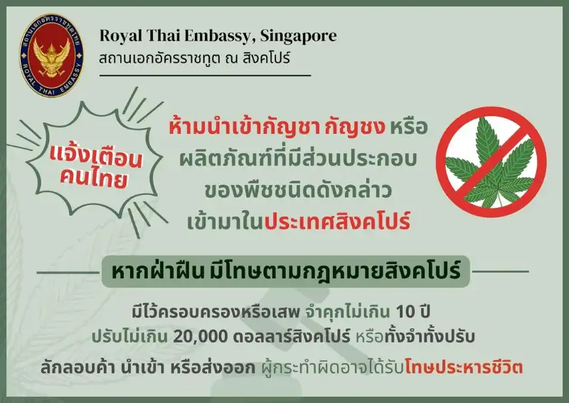 สถานเอกอัครราชทูต ณ สิงคโปร์ ขอแจ้งเตือนคนไทย หลายประเทศห้ามนำเข้า! กัญชา กัญชง ผลิตภัณฑ์ที่มีส่วนประกอบ มีโทษหนัก