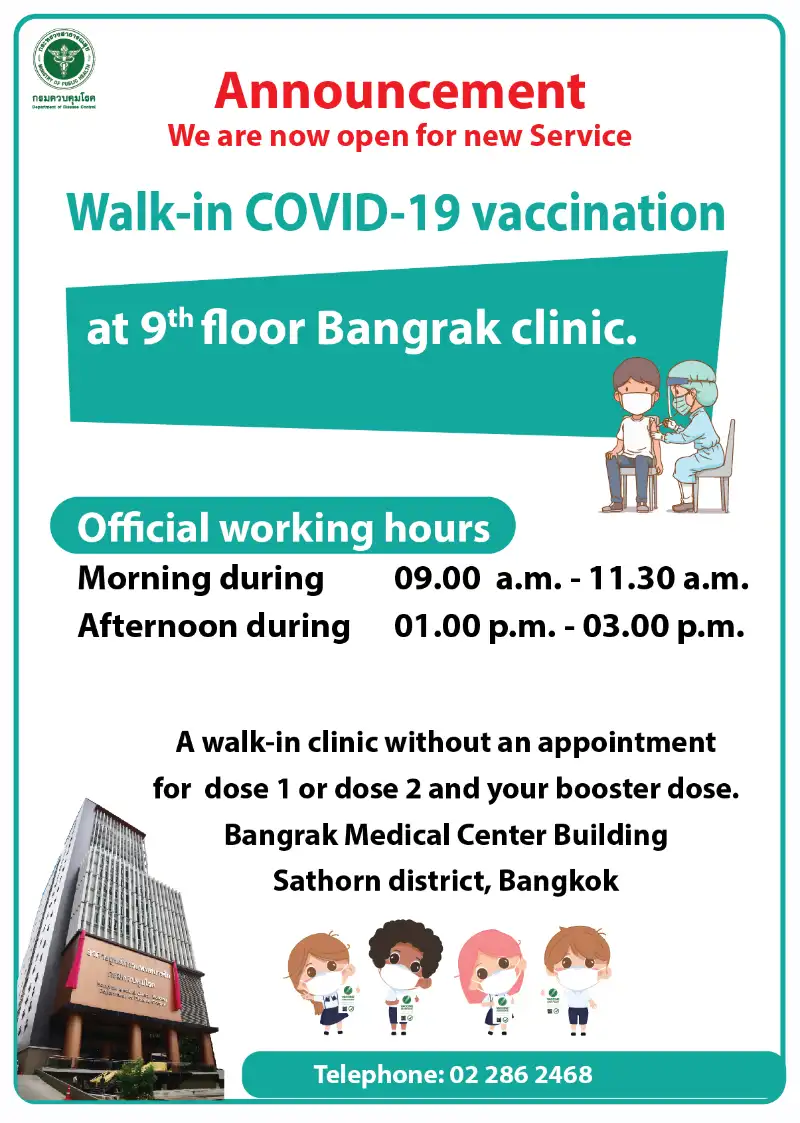 Walk in for COVID vaccination at Bangrak STIs Center 10 tourist COVID vaccination service locations in Thailand