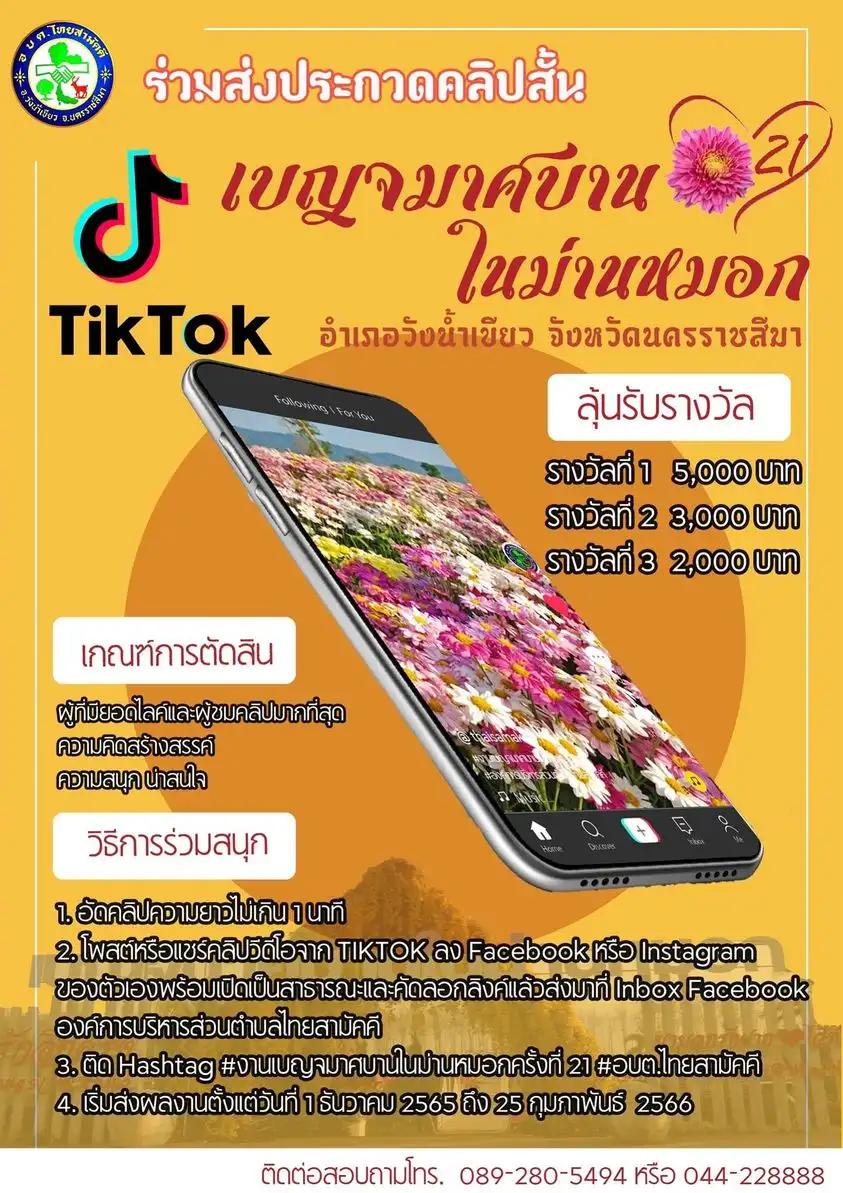 ชวนสาย TikTok ส่งประกวดคลิปสั้น เบญจมาศบานในม่านหมอก ณ อบตไทยสามัคคี วังน้ำเขียว