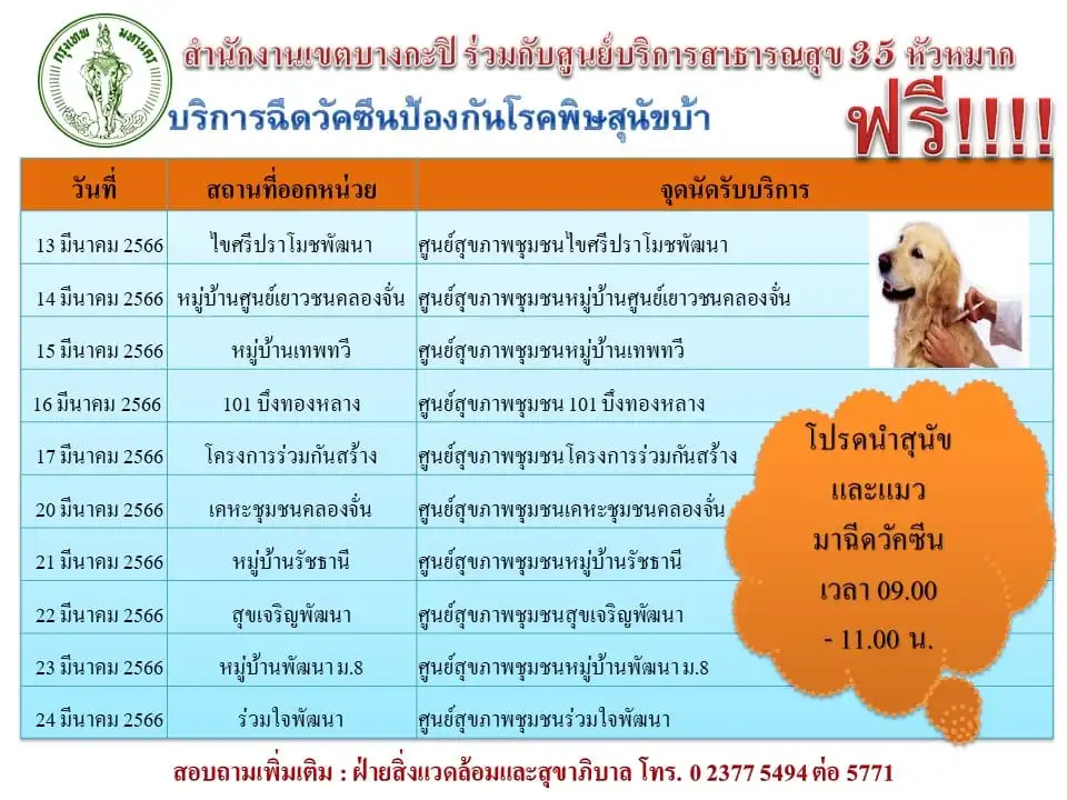 เขตบางกะปิ [จัดไปแล้ว] บริการฉีดวัคซีน​โรคพิษ​สุนัข​บ้าให้หมาแมว ฟรี ในกทม.และทั่วประเทศ ปีนี้ (2566)