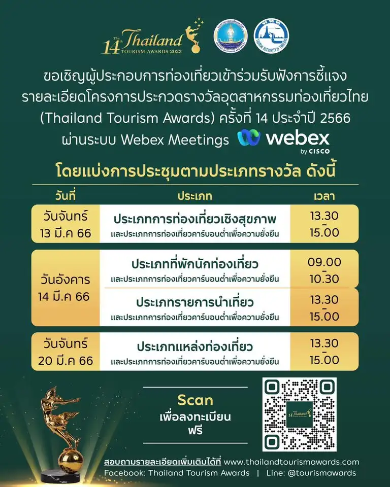 กำหนดการชี้แจงรายละเอียดโครงการประกวด ผ่าน Online ทางระบบ Webex Meeting การประกวดรางวัลอุตสาหกรรมท่องเที่ยวไทย (Thailand Tourism Awards) ครั้งที่ 14 ปี 2566