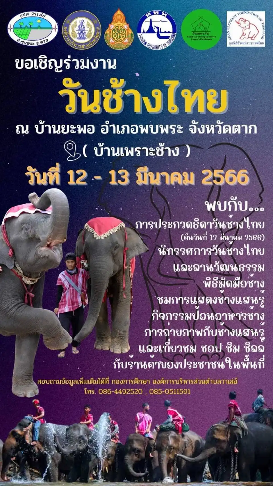 งานวันชางไทย ณ บ้านพะยอ (บ้านเพราะช้าง) อ.พบพระ จ.ตาก 12-13 มีนาคม 66 [Archive] กิจกรรมเทศกาลท่องเที่ยว จ.ตาก ที่ผ่านไปปีที่แล้ว