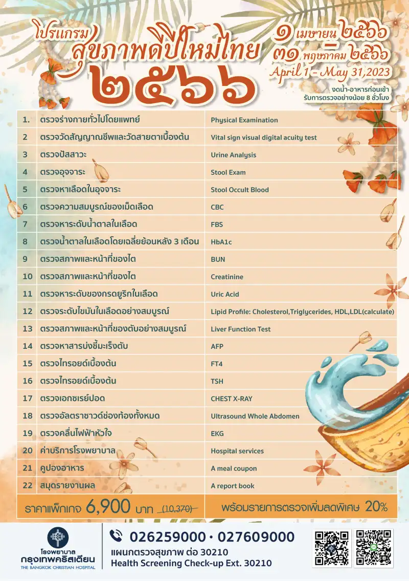 แพ็กเกจตรวจสุขภาพปีใหม่ไทย ราคาพิเศษ โรงพยาบาลกรุงเทพคริสเตียน โปรโมชั่นแพคเกจสุขภาพ 20 โรงพยาบาล ช่วงสงกรานต์ เมษายน ปีนี้ (2566)
