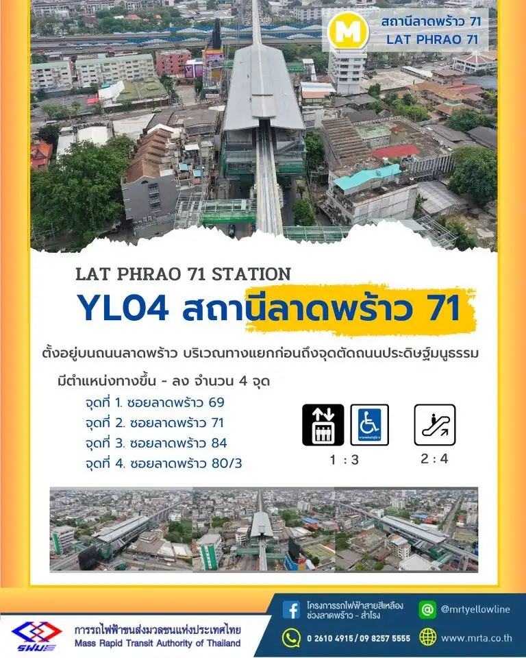 YL04 ลาดพร้าว 71 โมโนเรล รถไฟฟ้าสายสีเหลือง ลาดพร้าว-สำโรง 23 สถานี เปิดบริการครบทุกสถานีแล้ว