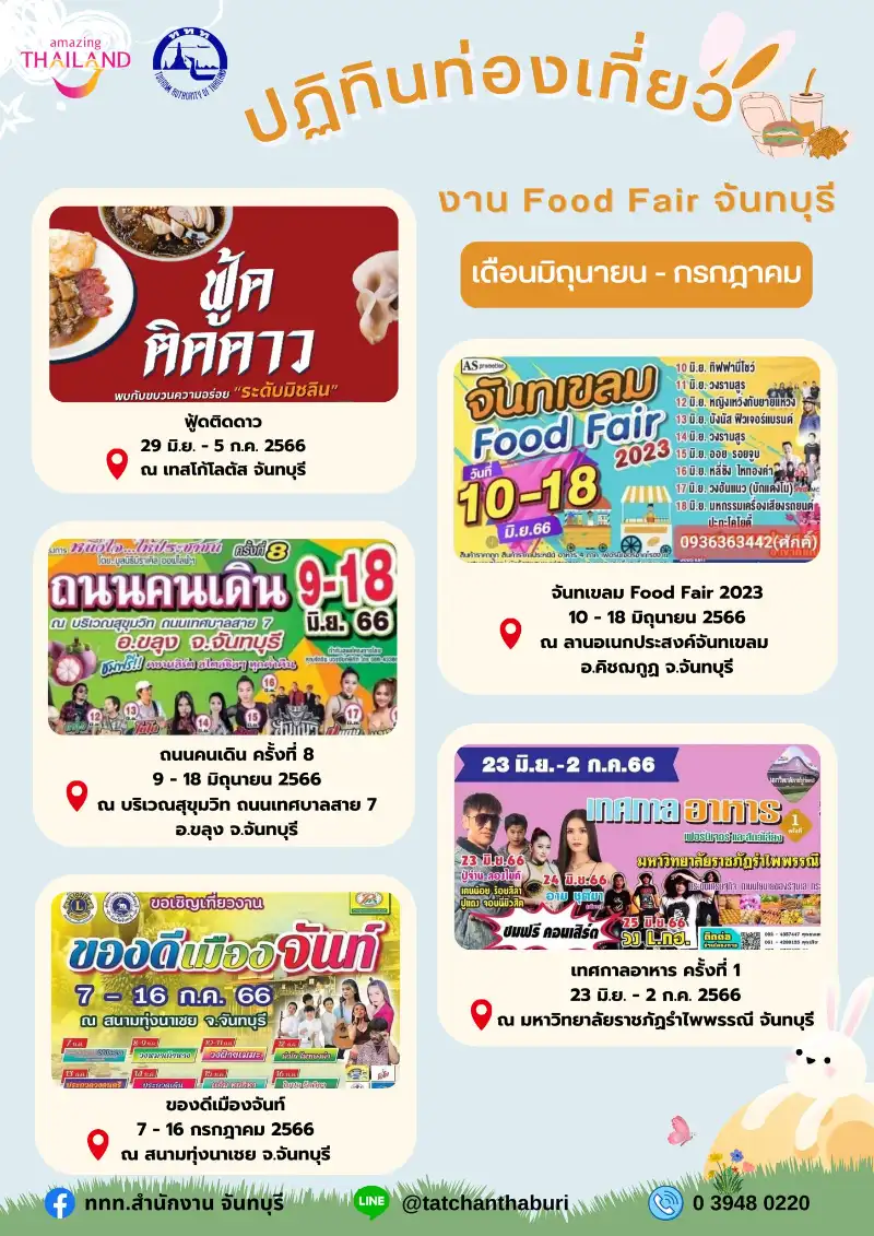 ปฏิทินท่องเที่ยวงาน Food Fair จันทบุรี เดือนมิถุนายน - กรกฎาคม 2566 [Archive] กิจกรรมท่องเที่ยวจันทบุรีที่ผ่านมา