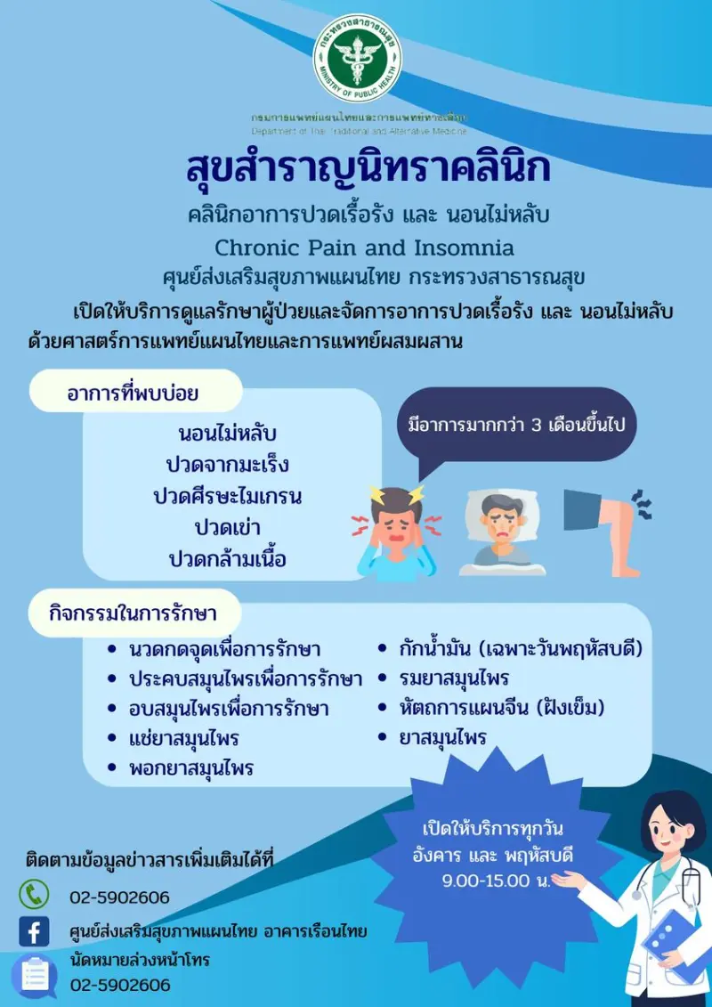 สุขสำราญนิทราคลินิก คลินิกปวดเรื้อรังและนอนไม่หลับ บริการแผนไทย ณ ศูนย์ส่งเสริมสุขภาพแผนไทย อาคารเรือนไทย (กรมแพทย์แผนไทย)