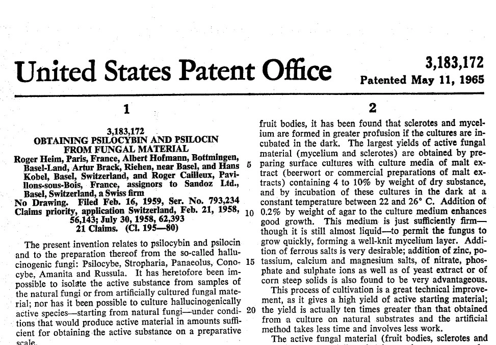 สิทธิบัตร US3183172A กระบวนการเพื่อให้ได้มาซึ่งสารประกอบที่มีฤทธิ์ทางจิต ได้แก่ PSILOCYBING และ PSILOCIN 