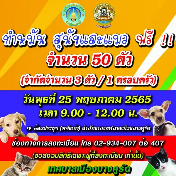 เทศบาลเมืองบางคูรัด ทำหมันสุนัขฟรี  25 พฤษภาคม 2565 ข่าวสารบริการทำหมันสุนัขแมว ฟรี ในจ.นนทบุรี ประจำปี 2566