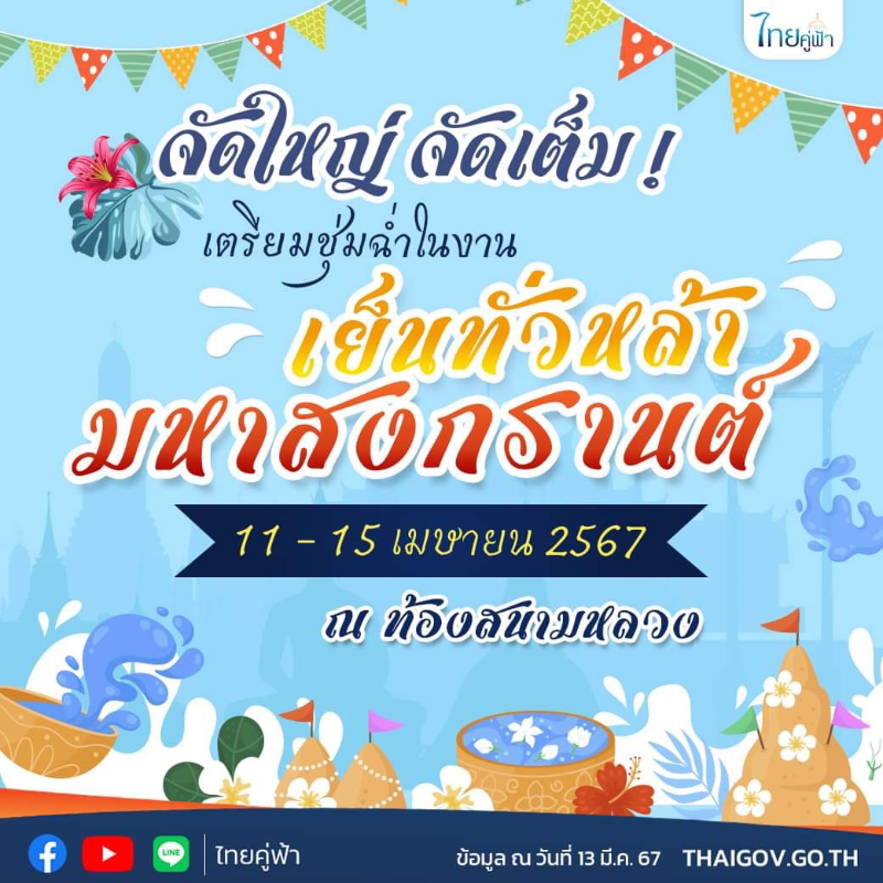 เย็นทั่วหล้า มหาสงกรานต์ 11 – 15 เมษายน 2567 ณ ท้องสนามหลวง เที่ยวกระหน่ำ สงกรานต์ 2567 Songkran Festival 2024