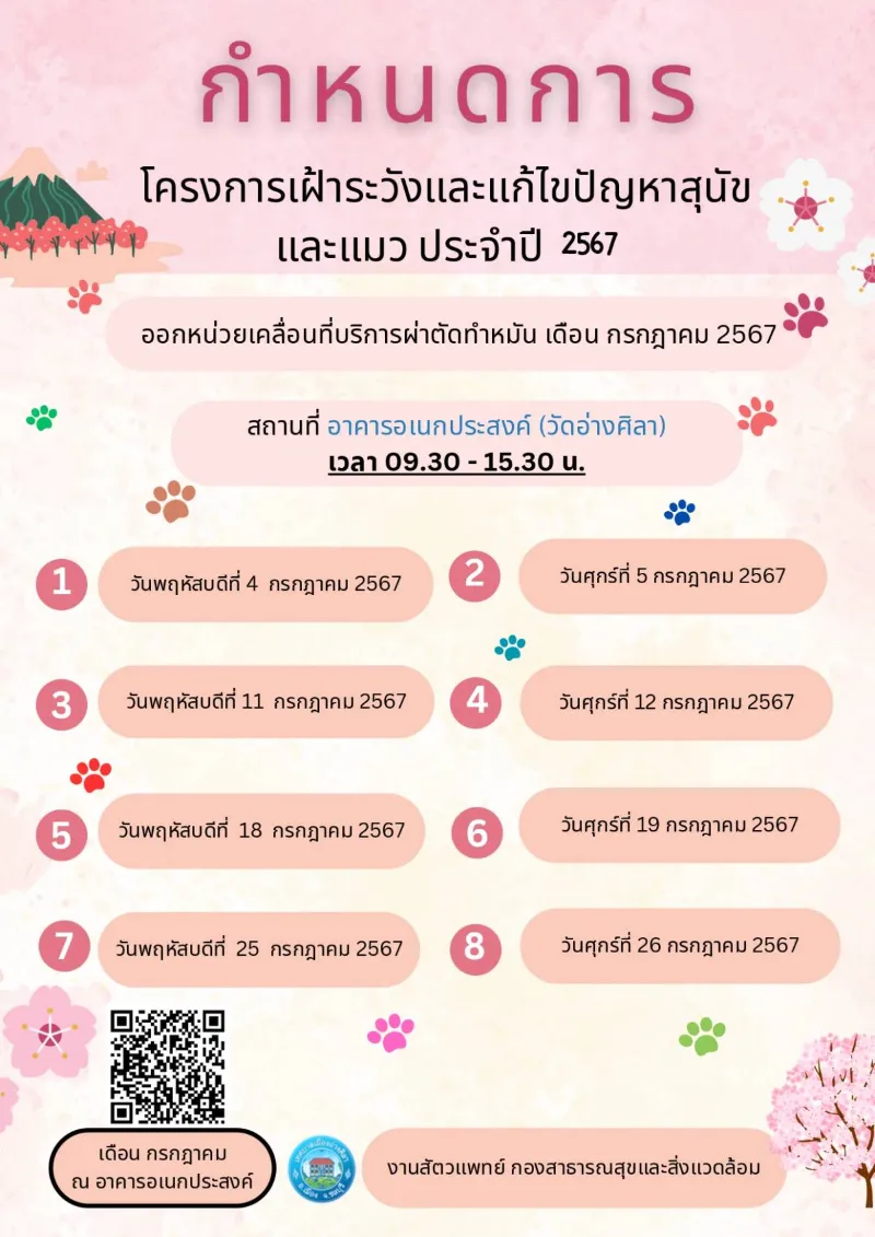 กำหนดบริการทำหมันหมาแมว เทศบาลเมืองอ่างศิลา กรกฎาคม 2567 ทำหมันหมาแมว ฟรี ทั่วไทย ปี 2567 มีที่ไหนบ้าง