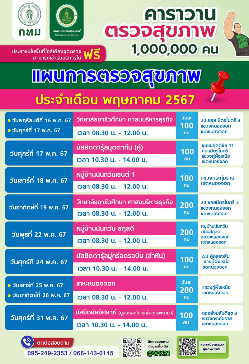 แผนการตรวจสุขภาพ ประจำเดือน พฤษภาคม 2567 ตารางออกตรวจสุขภาพ คาราวานตรวจสุขภาพ โรงพยาบาลเวชการุณย์รัศมิ์ (ฟรี ทุกอย่าง)