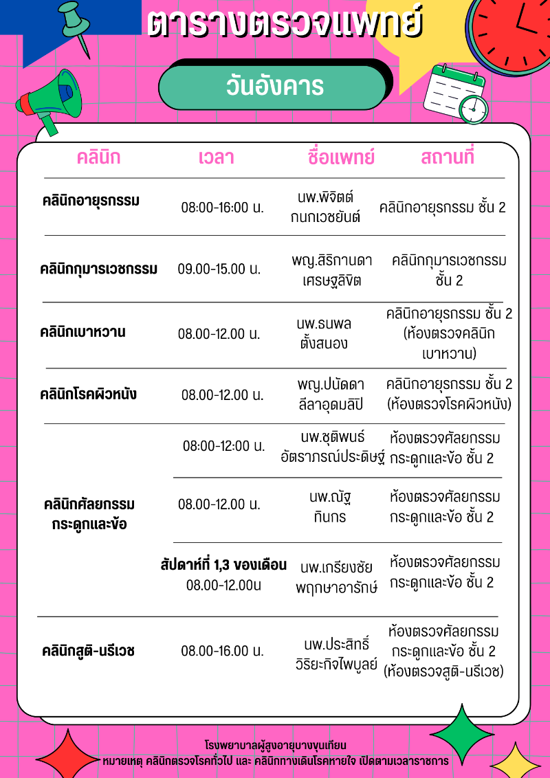 ตารางแพทย์ออกหน่วยวันอังคาร 