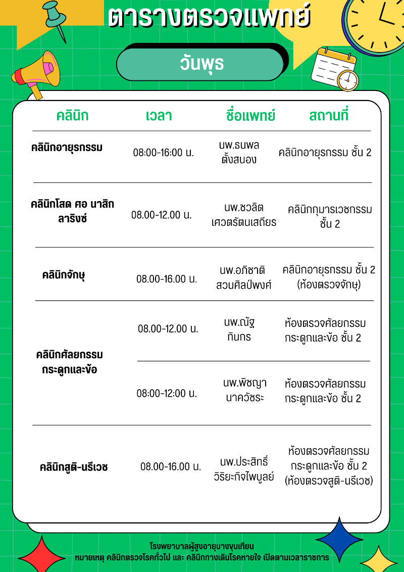 ตารางแพทย์ออกหน่วยวันพุธ 