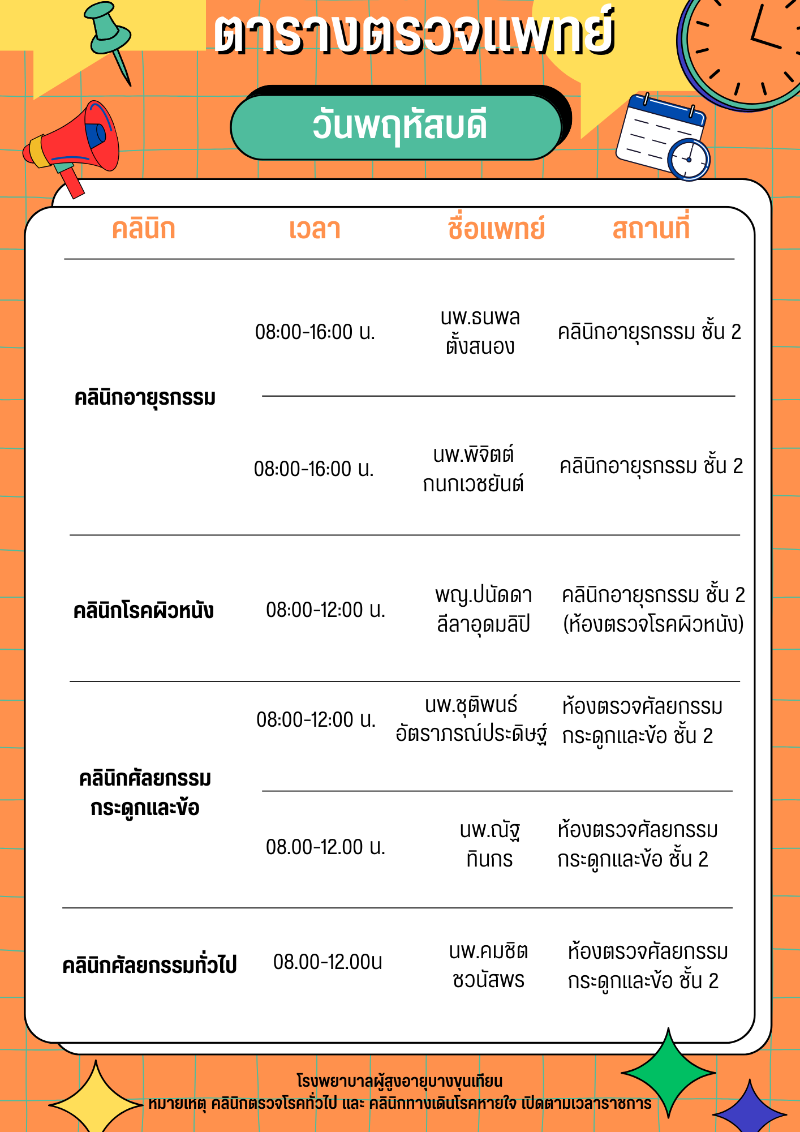 ตารางแพทย์ออกหน่วยวันพฤหัสบดี 