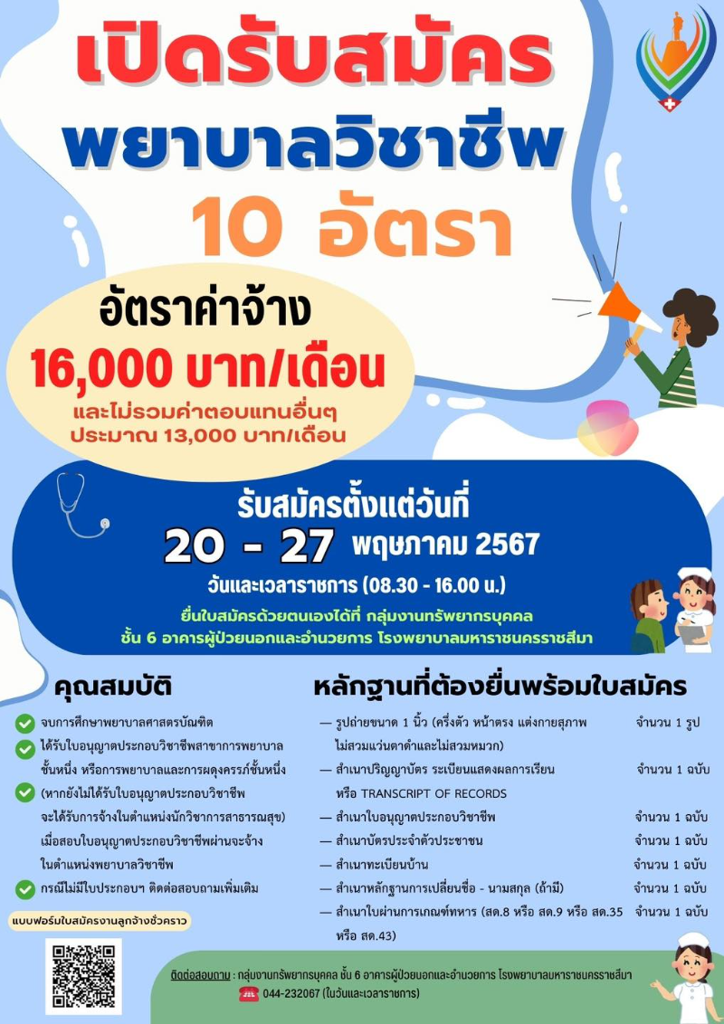 รับสมัคร “พยาบาลวิาชีพ” 10 อัตรา โรงพยาบาลมหาราชนครราชสีมา รับสมัครงานด่วน จำนวนมาก