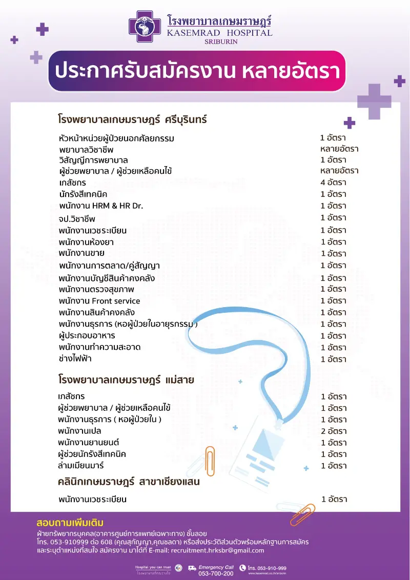  เกษมราษฎร์ ศรีบุรินทร์ รับสมัครงาน หลายตำเเหน่ง