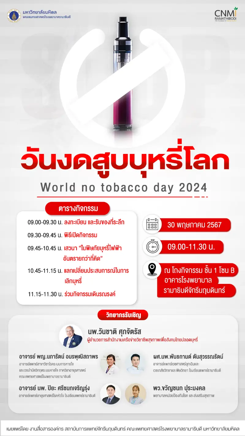 สถาบันการแพทย์จักรีนฤบดินทร์ วันงดสูบบุหรี่โลก 2024 กิจกรรม World No Tobacco Day 2024 วันงดสูบบุหรี่โลก 31 พฤษภาคม 2567 