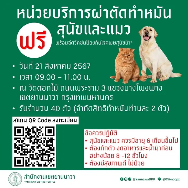 21 สิงหาคม 2567 ยานนาวา บริการทำหมันและฉีดวัคซีน ฟรี 40 ตัว ทำหมันหมาแมว ฟรี ทั่วไทย ปี 2567 มีที่ไหนบ้าง