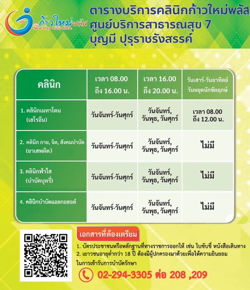 คลินิกยาเสพติด (คลินิกก้าวใหม่พลัส) ตารางการให้บริการ ศูนย์บริการสาธารณสุข 7 บุญมี ปุรุราชรังสรรค์