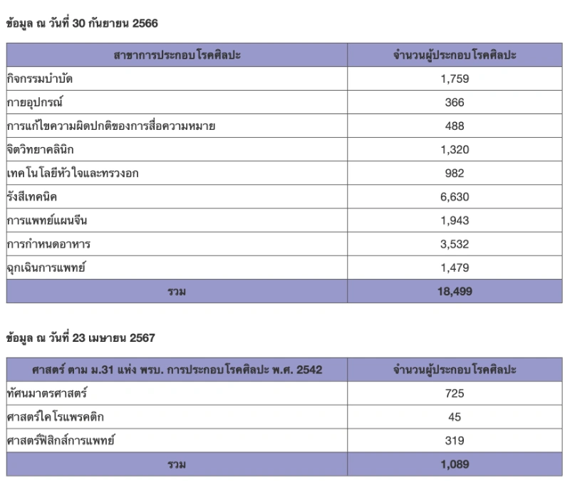 จำนวนผู้ประกอบโรคศิลปะ 30 ก.ย. 2566 