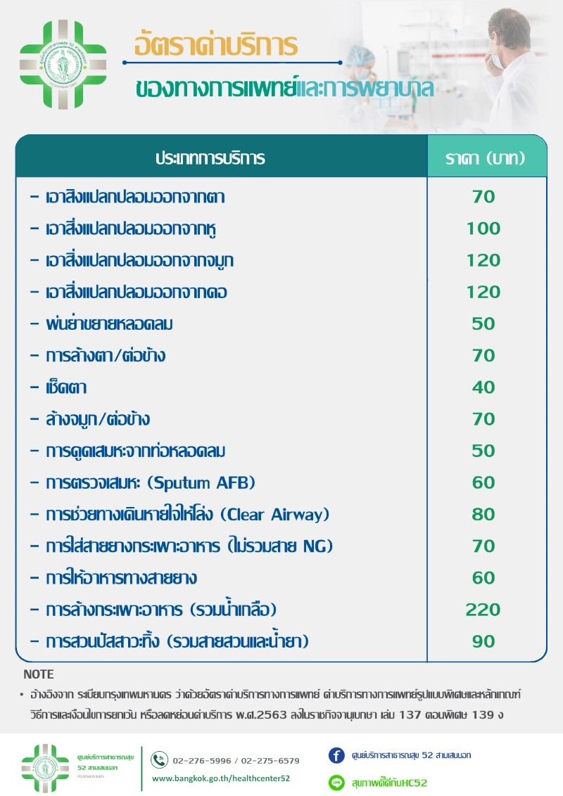  ตารางการให้บริการ ศูนย์บริการสาธารณสุข 52 สามเสนนอก