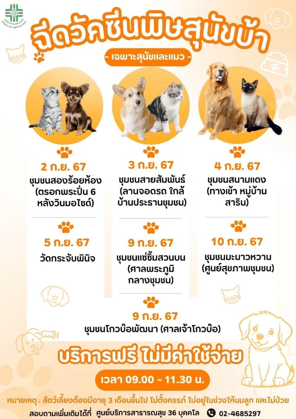 ศูนย์บริการสาธารณสุข 36 บุคคโล ฉีดวัคซีนพิษสุนัขบ้า (เฉพาะสุนัขและแมว) 2-5 และ 9-10 กันยายน 2567 