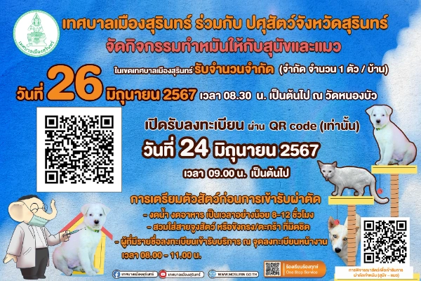 เทศบาลเมืองสุรินทร์ ทำหมันให้กับสุนัขและแมว 26 มิถุนายน 2567 