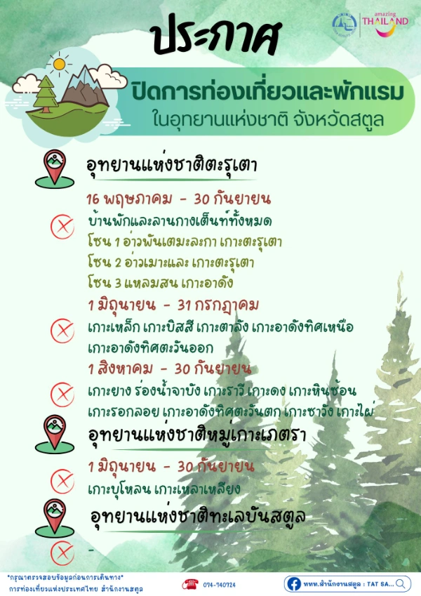 ประกาศกรมอุทยานแห่งชาติ สัตว์ป่า และพันธุ์พืช เรื่อง ปิดการท่องเที่ยวและพักแรมในอุทยานแห่งชาติและวนอุทยาน ประจำปี พ.ศ.2567 