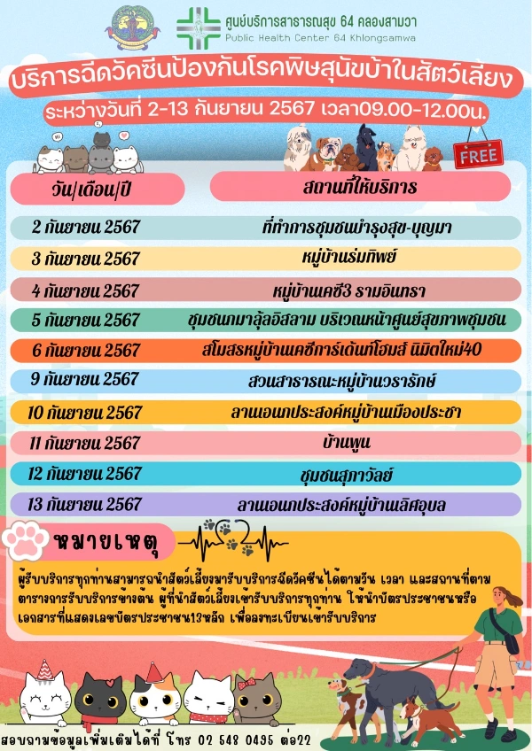 ศูนย์บริการสาธารณสุข 64 คลองสามวา 2-13 กันยายน 2567 เวลา 08.00-12.00 น. ตารางฉีดวัคซีนหมาแมว ฟรี 50 เขต กทม. เดือนกันยายน 2567