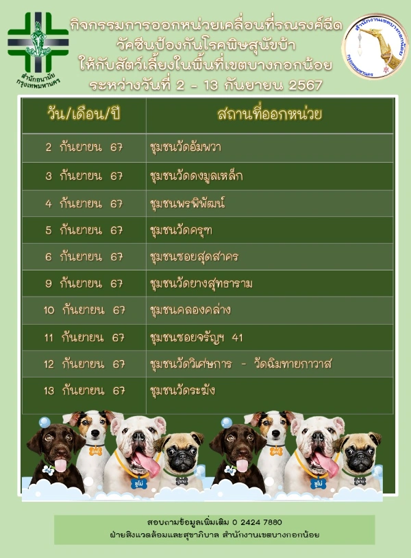 เขตบางกอกน้อย ออกหน่วยเคลื่อนที่รณรงค์ฉีดวัคซีน 2-13 กันยายน 2567 