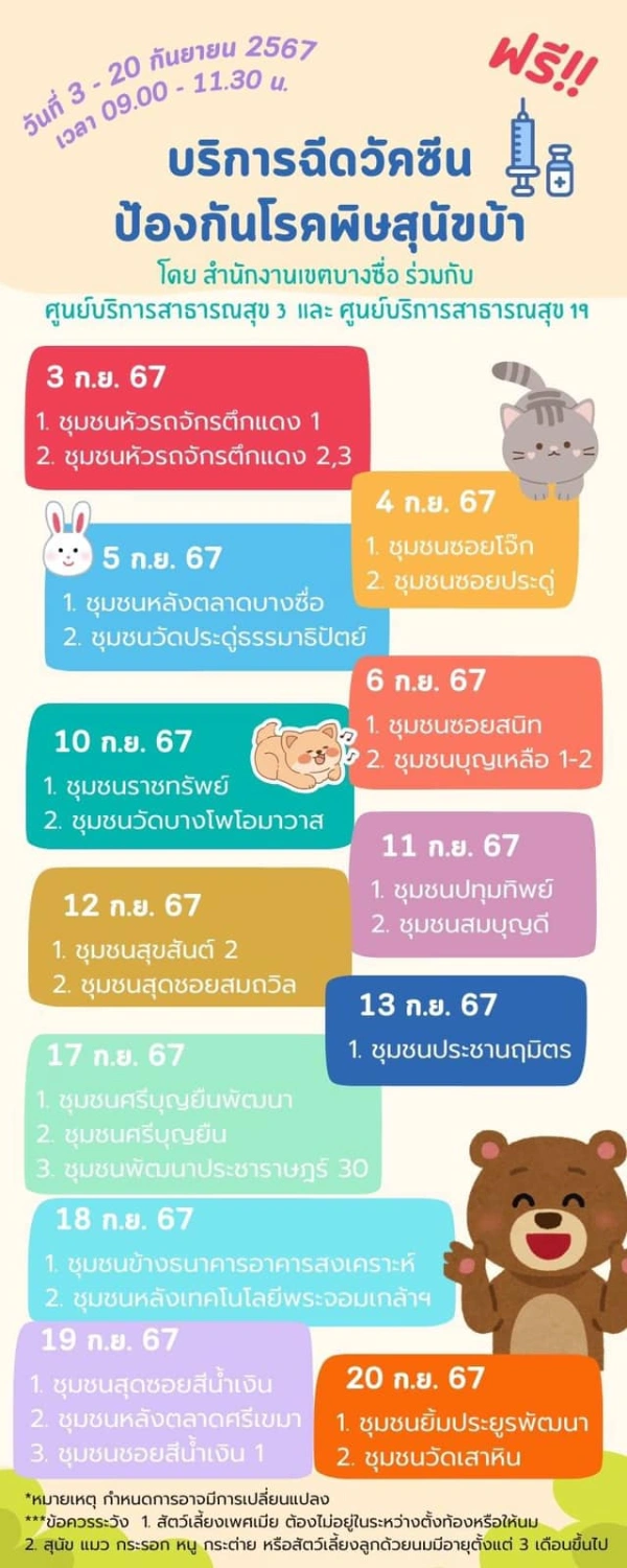 เขตบางซื่อ ศูนย์บริการสาธารณสุข 3 บางซื่อ และศูนย์บริการสาธารณสุข 19 วงศ์สว่าง ตารางฉีดวัคซีนหมาแมว ฟรี 50 เขต กทม. เดือนกันยายน 2567