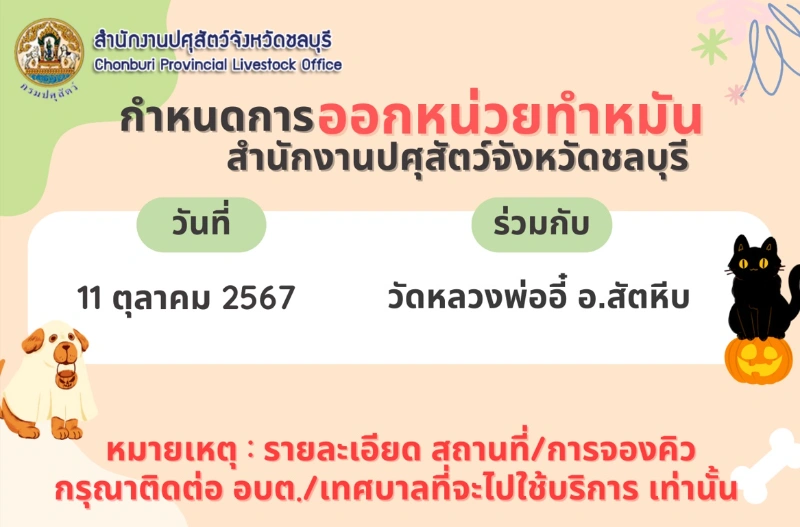 ปศุสัตว์ ชลบุรี ตารางออกหน่วยทำหมันฉีดวัคซีน เดือนตุลาคม ปี 2567 