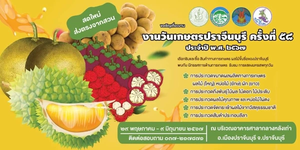 งานวันเกษตรปราจีนบุรี ครั้งที่ 58 วันที่ 29 พฤษภาคม-9 มิถุนายน 2567  [Archive] กิจกรรมเทศกาล ปราจีนบุรี ในปีที่ผ่านมา