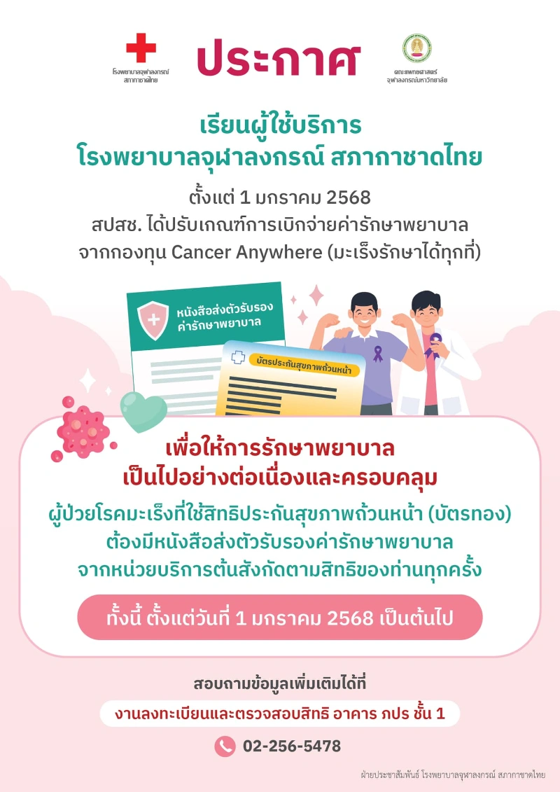 ประกาศ โรงพยาบาลจุฬาลงกรณ์ รพ.โรงเรียนแพทย์ ประกาศผู้ป่วยมะเร็งสิทธิบัตรทอง ต้องมีใบส่งตัว เริ่ม 1 มค 68