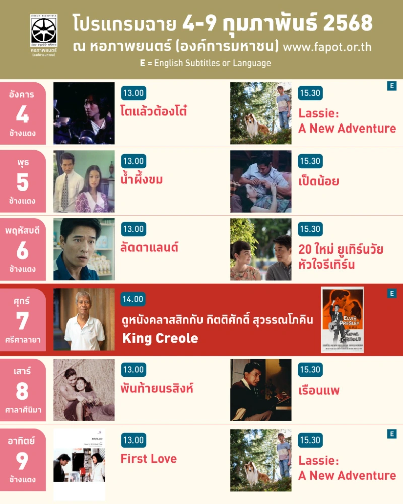 โปรแกรม วันที่ 4-9 กุมภาพันธ์ 2568 โปรแกรมฉายหนังไทยปี 2568 หอภาพยนตร์ Thai Film Archive