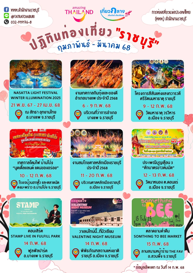 ปฏิทินกิจกรรมท่องเที่ยวจังหวัดราชบุรี  เดือนกุมภาพันธ์ - มีนาคม 2568 