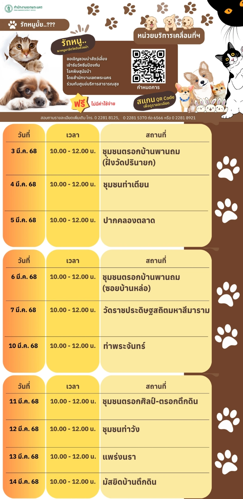 เขตพระนคร วันที่ 3-14 มีนาคม 2568 เวลา 10.00 - 12.00 น.  ไม่เสียค่าใช้จ่าย [มีนาคม 2568] 50เขต กทม.ประกาศกำหนดการฉีดวัคซีนหมาแมวป้องกันพิษสุนัขบ้า ฟรี