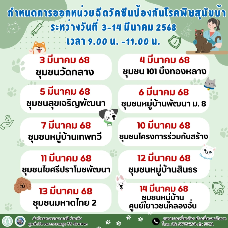 เขตบางกะปิ  ร่วมกับ ศูนย์บริการสาธารณสุข 35 หัวหมาก เปิด หน่วยบริการฉีดวัคซีนป้องกันโรคพิษสุนัขบ้า ในสัตว์เลี้ยง ระหว่างวันที่  3- 14 มีนาคม 2568 [3-14มีค68] 50เขต กทม.ประกาศกำหนดการฉีดวัคซีนหมาแมวป้องกันพิษสุนัขบ้า ฟรี