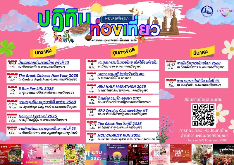 ปฏิทินท่องเที่ยวและงานกิจกรรมดีๆ เทศกาล/งานประเพณีต่างๆ จังหวัดพระนครศรีอยุธยา เดือนมกราคม-มีนาคม 2568 