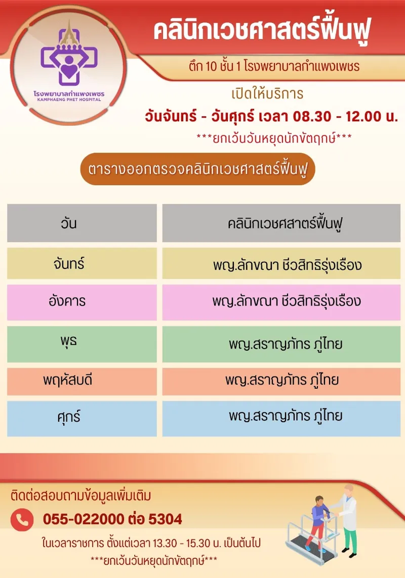 คลินิกเวชศาสตร์ฟื้นฟู เปิดบริการ จันทร์-ศุกร์ 8.30-12.00 น. รพ.กำแพงเพชร : ตารางออกตรวจคลินิกผู้ป่วยนอก ในเวลาราชการ