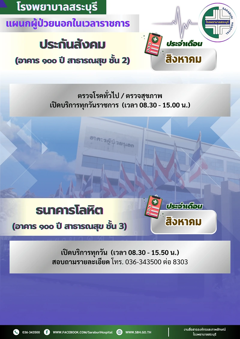 ตารางแพทย์ออกตรวจ งานประกันสังคมและธนาคารโลหิต รพ.สระบุรี รพ.สระบุรี : คลินิกผู้ป่วยนอกในเวลาราชการ วันจันทร์-ศุกร์
