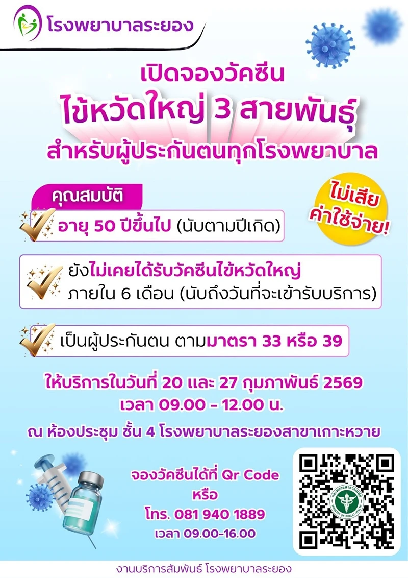 20,27 กพ.69 ฟรี วัคซีนไข้หวัดใหญ่3สายพันธ์ สำหรับผู้ประกันตนทุกโรงพยาบาล บริการสุขภาพดีๆ จากรพ.ระยอง (ทั้งฟรีและไม่ฟรี)